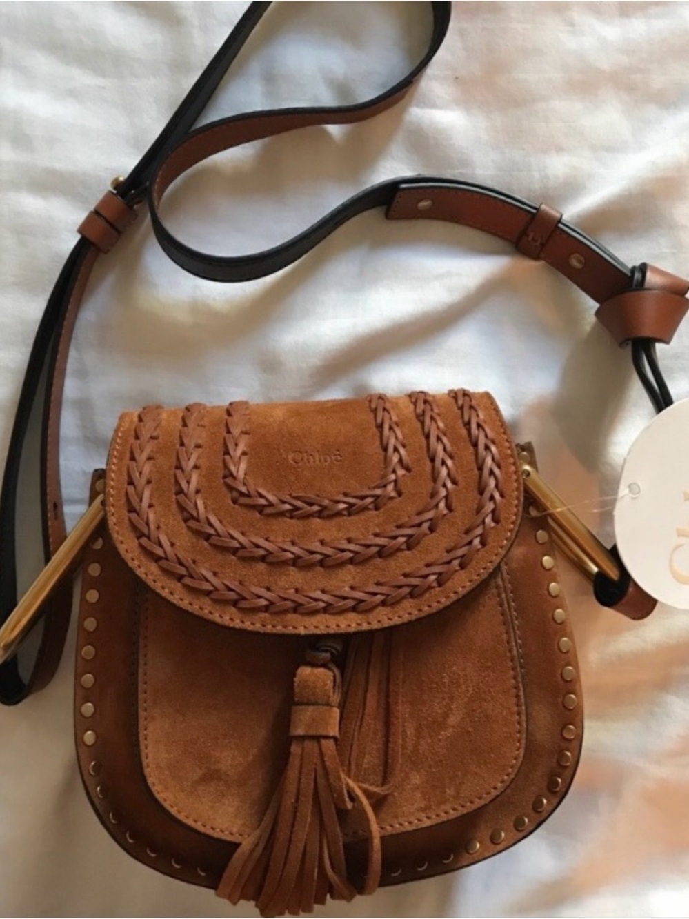 Chloe Hudson Caramel Brown Suede Small Saddle Bag with Tassel - Picture 8 of 11